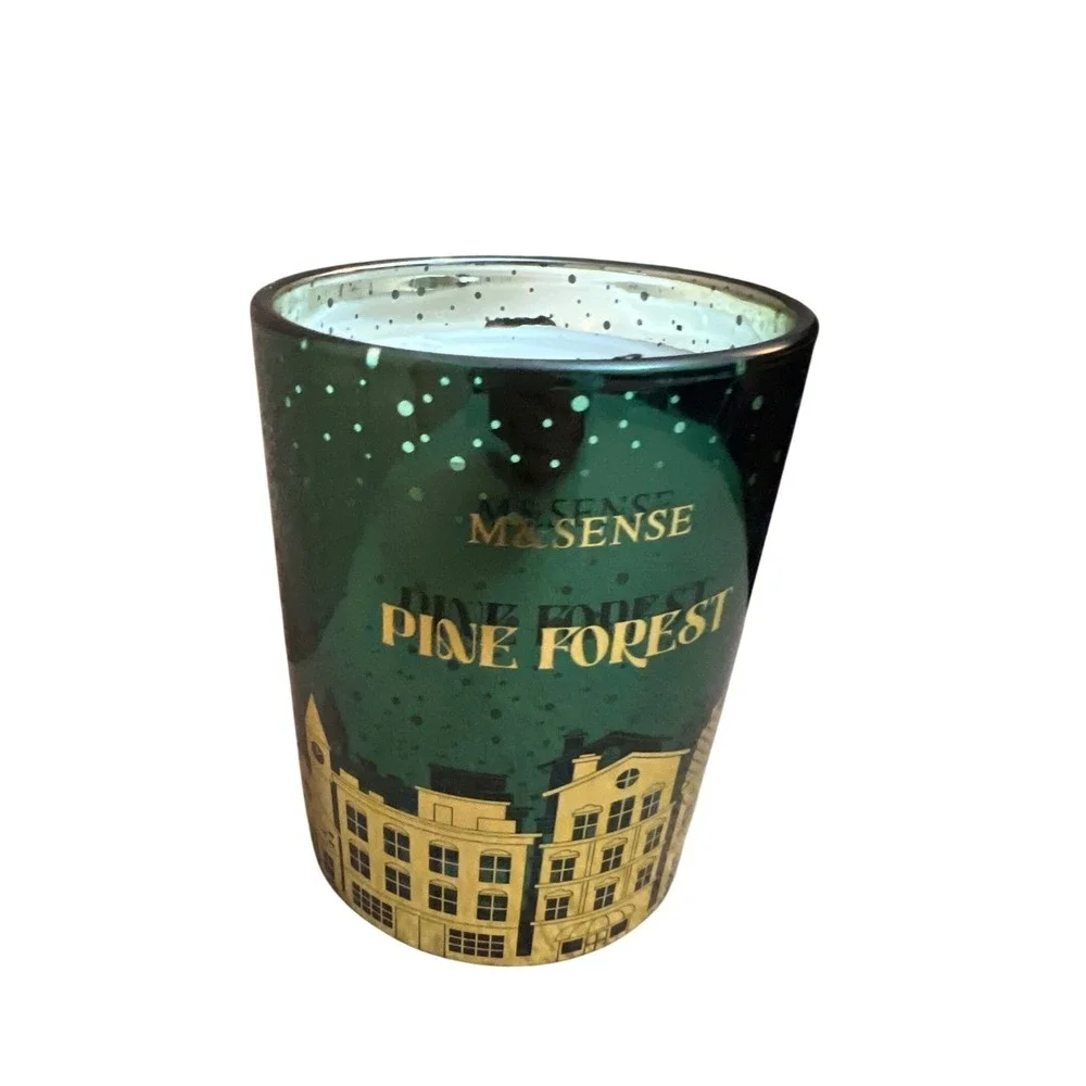 M&SENSE Pine Forest Scented Candle Emerald Green Mercury Glass Holiday Village